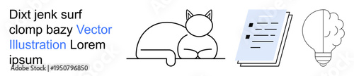 Creativity, innovation, information sharing, learning, minimalism, design thinking. Cat outline next to text document and light bulb graphic. Creativity and innovation concepts