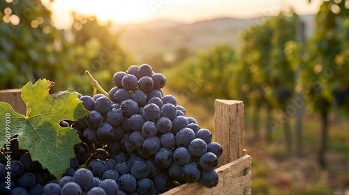 Freshly harvested red and green grapes resting on a wooden crate in a sunlit vineyard at harvest time