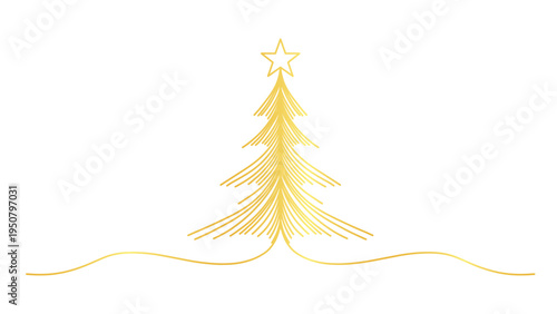 Elegant Gold Christmas Tree Line Art with Star on White Background