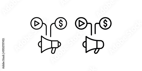 Digital marketing and video advertising icons featuring megaphone with play button and dollar sign symbols for media promotion and revenue growth concepts