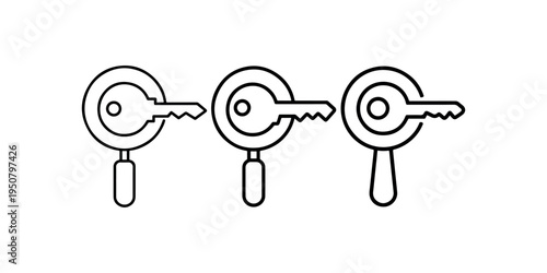 Keyword research and security icons set featuring magnifying glass and key symbols for search engine optimization and data access protection technology