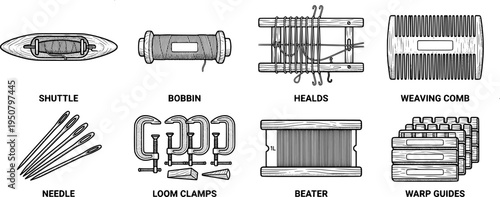 Flat line art vector icons of traditional loom shuttle bobbin weaving comb needle warp heddle beater clamp close up top
