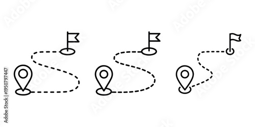 Route map icon set with destination pins and starting points connected by dashed lines for navigation and travel planning journey tracking symbol collection