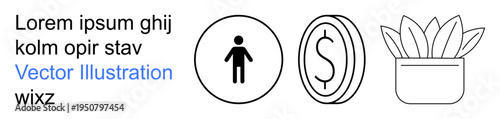 Business concepts, financial planning, investment, growth, corporate identity, minimal design. Black and white icons of a person, a dollar symbol and a potted plant. Business concepts and financial
