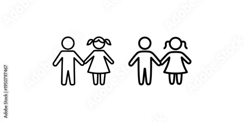 Boy and girl holding hands icon set representing childhood friendship and family support for kids education and youth community programs symbol collection
