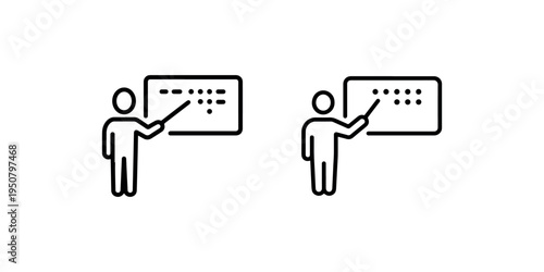 Teacher pointing at chalkboard icon set for education and presentation concepts showing instructor explaining lesson material in classroom or office setting
