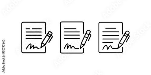 Contract vector icon, document and pen symbol, sign document, paper with signature, approved form, official page, legal agreement vector icon set
