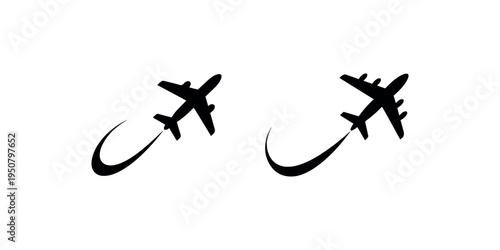 Airplane with curved trail icon, travel concept, flight symbol, journey illustration, transportation graphic, airborne adventure sign, departure and arrival.