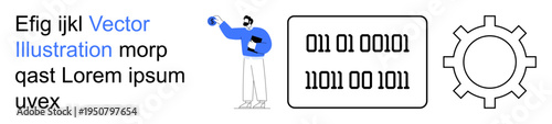 Data processing, automation, programming, digital systems, coding, technology solutions. Person holding an abstract element with binary code and gear icon. Data processing and automation