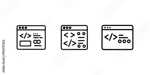 Website interface icons, coding symbols, browser window designs, technology and programming elements