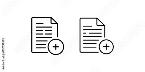 Add new document vector icon set showing paper sheets with text lines and plus sign symbols for digital file management and content creation interfaces