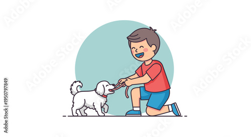 Young Boy Playing with White Poodle Dog.
