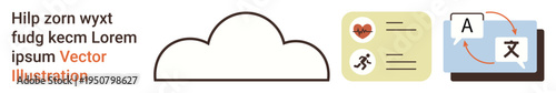 Cloud storage, health apps, translation tools, data sharing, digital communication, technology integration. A cloud icon, data cards with heart and translation symbols. Cloud storage and health apps