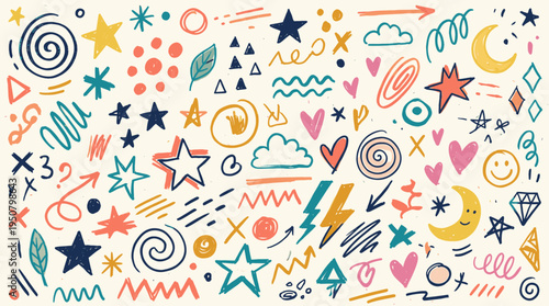 Handdrawn Doodle Elements Various Shapes and Symbols Colorful Fun Style