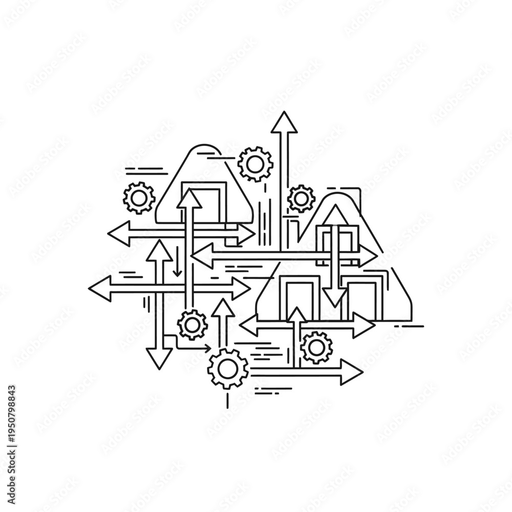 Obraz premium Abstract illustration of interconnected systems with arrows and gears, representing data flow and process management.