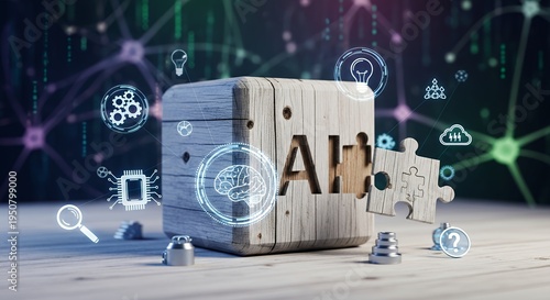 A wooden block with AI carved into it surrounded by technology icons
