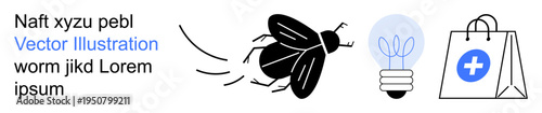 Innovation, sustainability, healthcare, shopping, modern tech, pest control. Black fly buzzing, light bulb glowing faintly and shopping bag with medical cross illustration. Innovation and healthcare