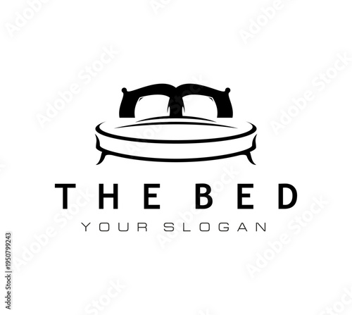 Luxury bed icon, furniture or mattress store sign. Comfort mattress shop vector emblem, bedroom textile store sign. Bedroom furniture icon or symbol with round double bed, pillows and typography