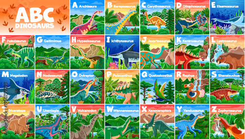 Kids dinosaurs english alphabet font typeset. English alphabet vector letters, extinct reptiles font typeset with prehistoric land and aquatic dinosaurs cute cartoon character in jungle landscape