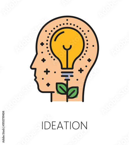 Ideation life skill color line icon or sign. People personal quality and ideation life skill vector icon. Personality ability outline symbol or sign with human head silhouette and idea lightbulb plant