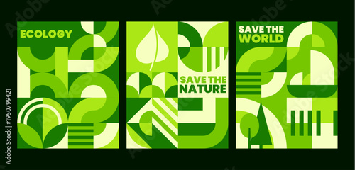 Ecology and environment posters with geometric Bauhaus pattern. Planet Earth day, environment and nature saving poster. Ecology pollution flyer or banner with abstract green Bauhaus shapes pattern