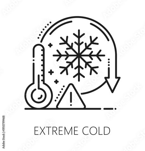 Extreme cold natural disaster, global accident line icon. Natural cataclysm outline sign, extreme cold catastrophe lineart vector symbol. Environmental disaster icon with snowflake and thermometer