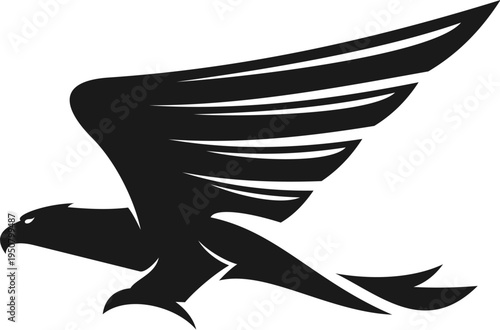Black eagle or flying hawk abstract icon or label. Black hawk business sign, eagle bird heraldic emblem. Flying falcon graphic icon