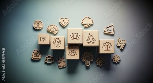 Wooden blocks with icons symbolizing mental health and wellness concepts