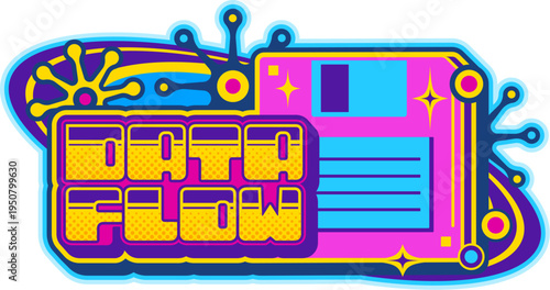 Computer data flow Y2K retro icon or emblem. Digital technology funky 2000s vector sign, 1990s computer vintage emblem. Retro software icon with floppy disk and pop art halftone typography