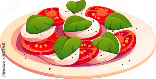 Caprese salad meal, food cooking process. Italian cuisine meal cooking process. Mediterranean food vector caprese salad preparation with mozzarella cheese, fresh tomato slices and basil leaves