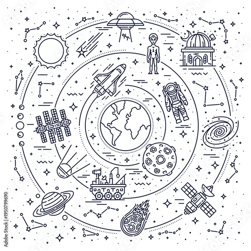 Line galaxy landscape with stars and modern space technology. Cosmos research or discovery outline vector background with Earth globe, astronaut and alien, shuttle spaceship, planet and constellations