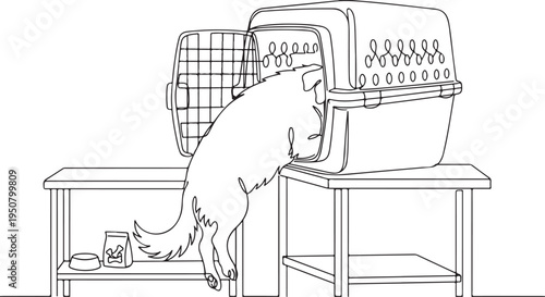 Continuous line drawing of a dog jumping into a pet carrier or travel crate for transportation and training, minimalist animal illustration.