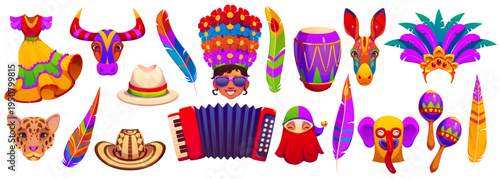 Barranquilla Colombian carnival holiday set. Vector Latin American festival traditional costumes, feathers, drum, maracas, animal masks, hats and instruments for celebrating culture and music carnival