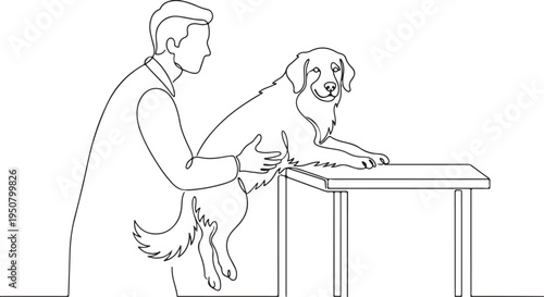 Continuous line drawing of a male veterinarian or doctor examining a golden retriever dog on a table, minimalist pet healthcare and animal clinic concept illustration.