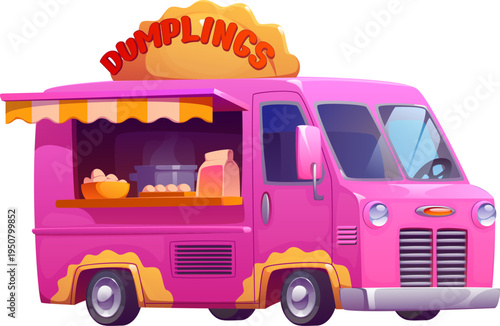 Cartoon dumplings food truck, cafe vintage foodtruck. Street vintage snack shop mobile booth, festival isolated foodtruck vector car. Dumplings retro food truck bus or fair cartoon van kiosk