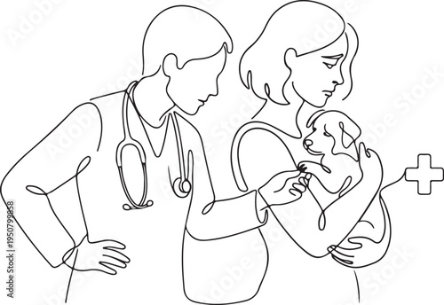 Continuous line drawing of a veterinarian or vet doctor examining a small dog puppy held by its owner in a pet clinic or animal hospital, minimalist veterinary care concept