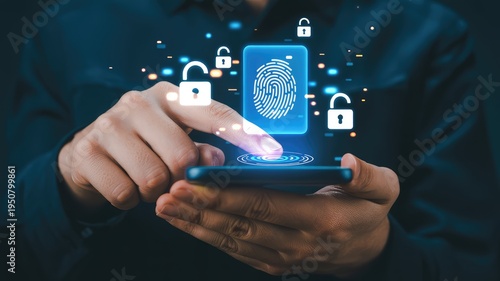 Person using smartphone with biometric fingerprint scanner for digital security and data protection in a dark high tech environmen