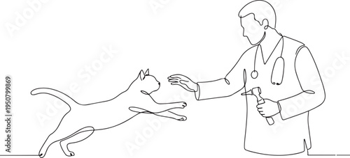 Continuous Line Drawing of Veterinarian Examining a Cat. Minimalist Vector Art of Male Vet with Stethoscope Caring for Pet Kitten. Animal Health Clinic Illustration.