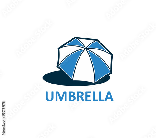 Umbrella icon, beach sun parasol symbol. Accident protection company vector sign, investment startup isolated symbol. Travel and tourism agency icon with lying opened blue umbrella shadow and text