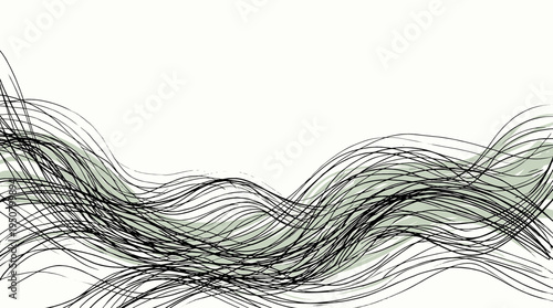Handdrawn Abstract Wavy Lines Pattern with Dynamic Flow and Subtle Green Brushstrokes on a Clean White Background Artwork