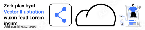 Technology, data sharing, cloud services, user profiles, online platforms, connection. Blue connection network icon, black cloud symbol and illustrated user profile graphic. Data sharing and cloud