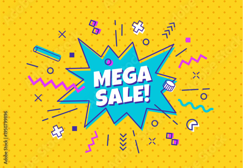 Comics boom bubble effect sale banner. Comic text price off vector flyer or banner, sale exclamation offer coupon. Shop discount banner with boom bubble effect and funky geometric shapes pattern