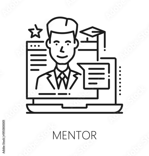 Online education mentor line icon or label. Internet classes thin line icon, web course outline vector sign. Online education lineart pictogram or symbol with mentor man character on laptop screen