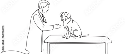 One Line Drawing of a Veterinarian Examining a Dog on a Table, Male Doctor and Pet Patient in Continuous Line Art Style