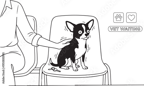 Scared Chihuahua Dog Shaking in a Veterinary Clinic Waiting Room, Nervous Pet Anxiously Awaiting a Vet Checkup, Minimalist Line Art Vector Illustration