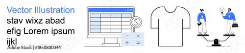 Financial management, e-commerce, workplace equity, design, decision-making, business operations. A computer screen with data, a shirt outline and scales with workers. Financial management