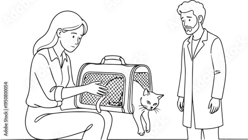 Woman Bringing her Cat in a Carrier to the Veterinarian for a Checkup. Pet Care and Animal Health Clinic Line Art Illustration