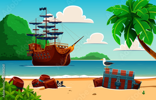 Pirate sail ship near the tropical Caribbean island, treasure chest and barrels on the sand beach, vector game background. Cartoon pirate treasure island landscape with sail ship anchoring in lagoon