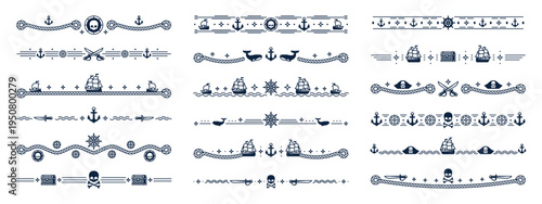 Pirate frame border and corsair dividers, piracy decorations. Sea ship ropes vector dividers set with sailor pirate knots, sail boats and treasure chests, corsair captain hats, skulls and crossbones