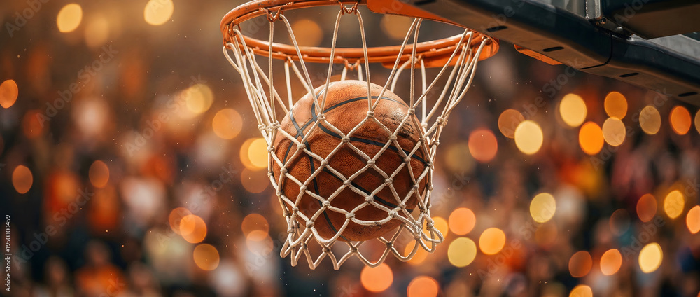 Fototapeta premium Cinematic close-up of a basketball swishing through the net with golden bokeh crowd background during a tournament.